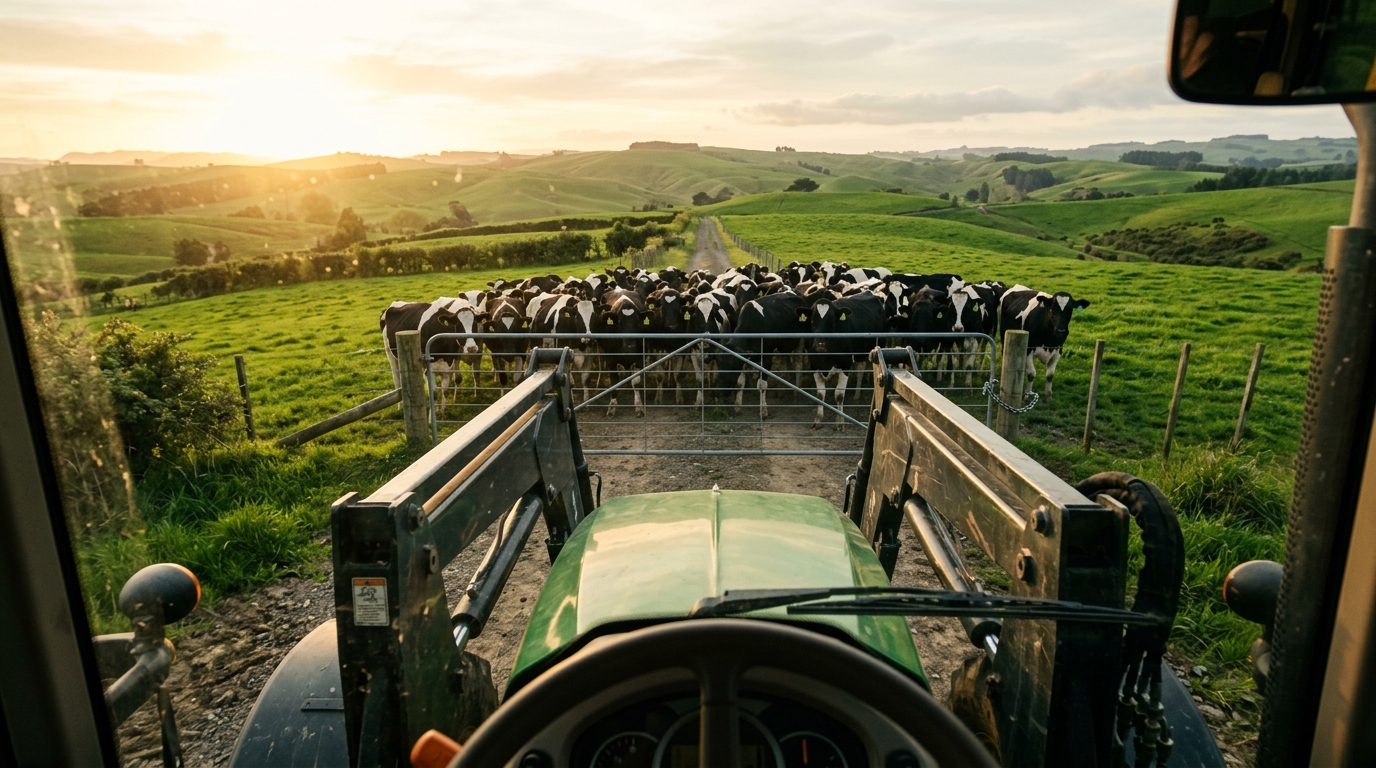NZ dairy farm at golden hour